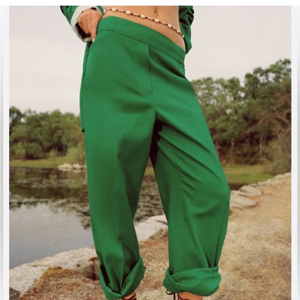 Zara Pull On Wide Leg Pants Women’s Size Medium Green High Rise Linen Blend